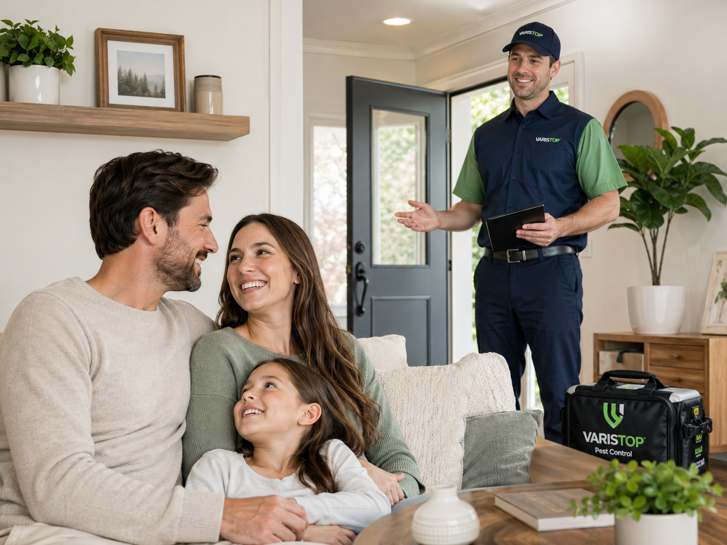 Family speaking with Varistop pest control technician