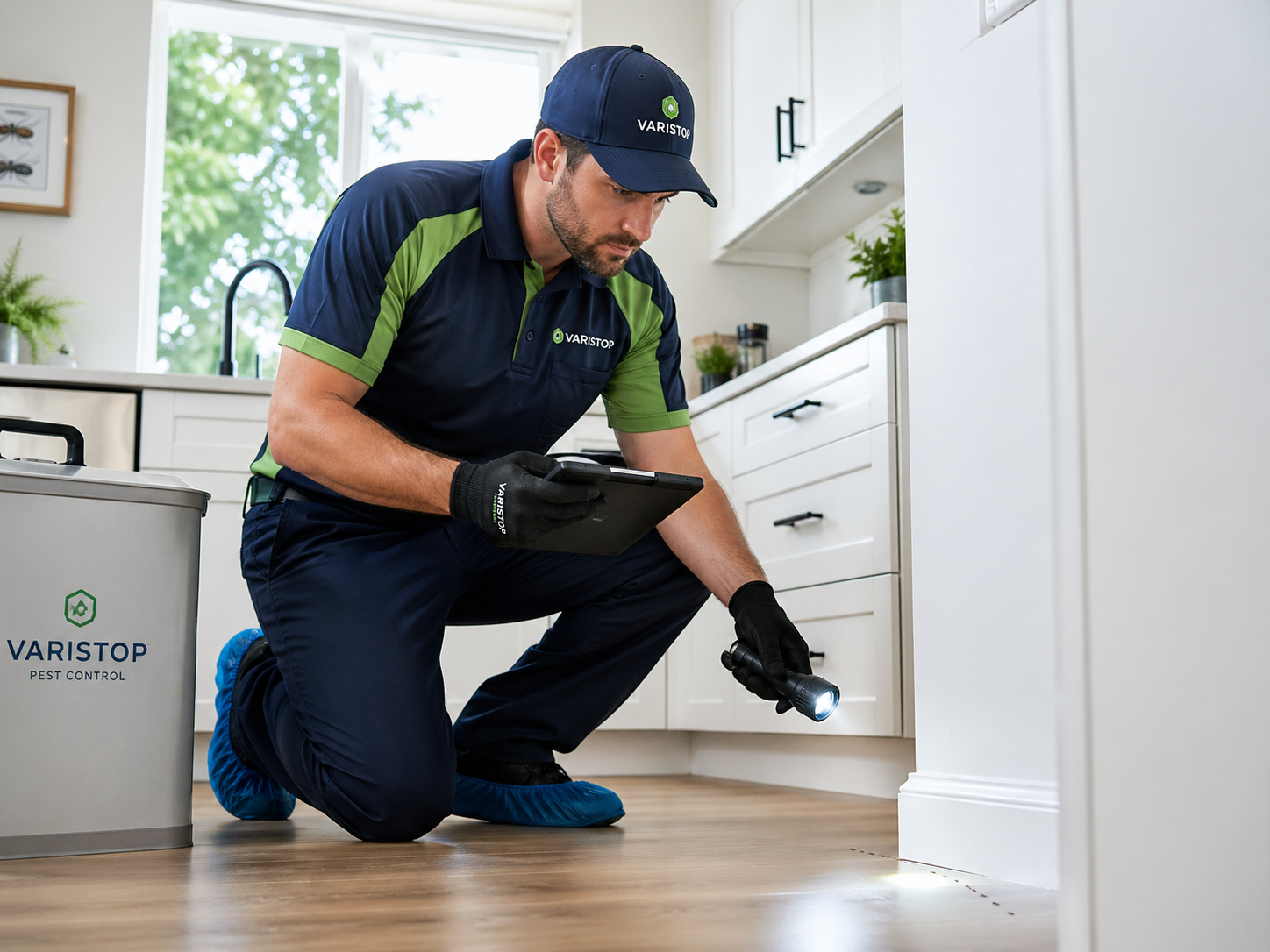 Varistop technician inspecting a clean kitchen